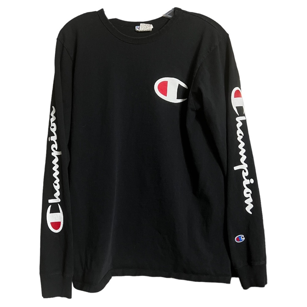 Vintage Black Champion Long Sleeve T Shirt Spell out Sleeves Sz Med EUC